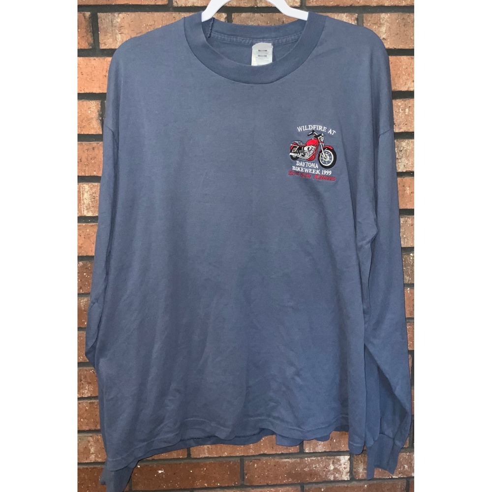 Vintage 1999 Daytona Bikeweek Wildfire Motorcycle Long Sleeve Shirt Blue XXL